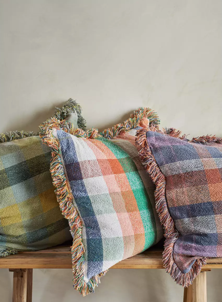 Blue checked cushion cover with fringes Bowden Stores