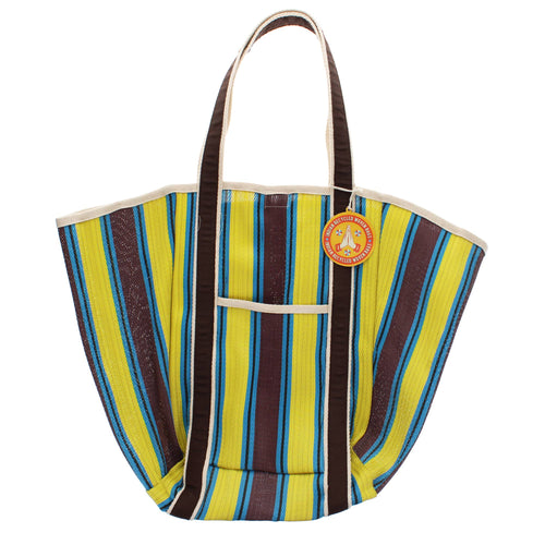 Recycled woven tote bag - Brown, yellow, teal