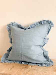 Hallie Light Blue Cushion Cover – Ruffled edge linen : 45 x 45 cm