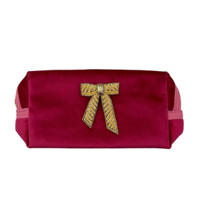 Bright pink make-up bag & bow brooch - recycled velvet : Large