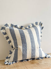 Load image into Gallery viewer, Hallie Ruffled Linen Cushion Cover – Blue Wide Stripe: 45 x 45 cm
