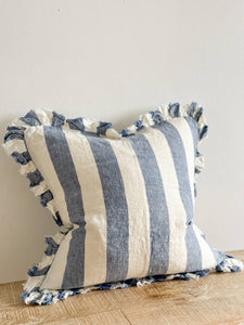 Hallie Ruffled Linen Cushion Cover – Blue Wide Stripe: 45 x 45 cm