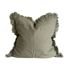 Load image into Gallery viewer, Hallie Ruffled Linen Cushion Cover – Khaki: 45 x 45 cm