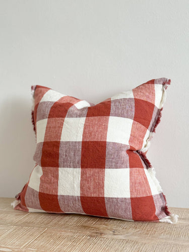 Esmee Fringed Linen Cushion Cover 45x45 – Red Check