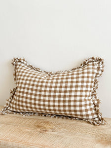 Hallie Ruffled Linen Cushion Cover Brown Gingham - 3 Sizes: 45 x 45 cm