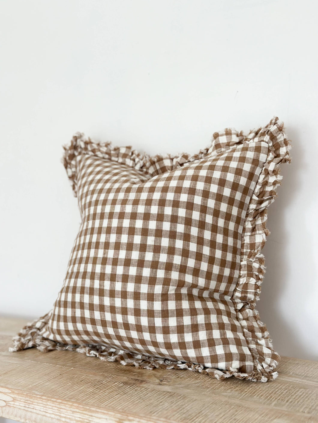 Hallie Ruffled Linen Cushion Cover Brown Gingham - 3 Sizes: 45 x 45 cm