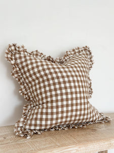 Hallie Ruffled Linen Cushion Cover Brown Gingham - 3 Sizes: 45 x 45 cm