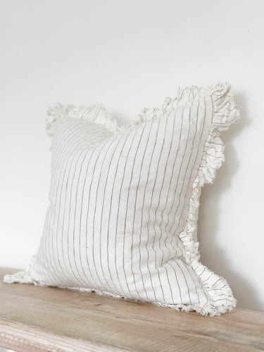 Ruffled Linen Cushion Cover – Cream & Olive: 45 x 45 cm