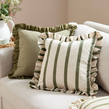 Load image into Gallery viewer, Connie Square Striped Ruffle Cushion Moss: Moss / Polyester Filled / 45 x 45cm