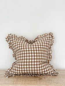 Hallie Ruffled Linen Cushion Cover Brown Gingham - 3 Sizes: 45 x 45 cm