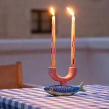 Load image into Gallery viewer, Multi Coloured Check Taper Dinner Candle