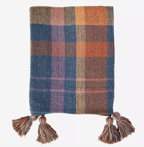 Blue checked throw with fringes