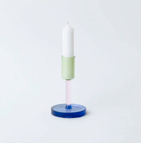 SMALL Green & Pink GLASS CANDLESTICK