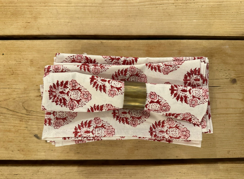 RED & Pink block Printed Cotton Napkins (Set of 4)