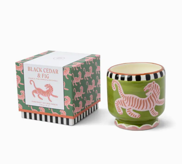 TIGER BLACK CEDAR & FIG CERAMIC 8 Oz Handpainted candle