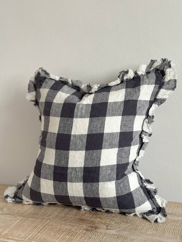 Hallie Ruffled Linen Cushion Cover – Navy Check : 45 x 45 cm