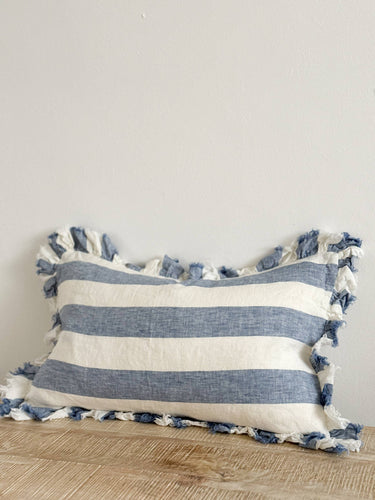Hallie Blue Wide Stripe Cushion Cover 50x30–Ruffle Edge : 50 x 30 cm