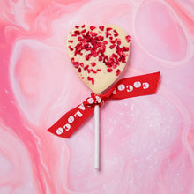 Load image into Gallery viewer, White Chocolate &amp; Raspberry Heart Lolly 18g