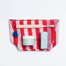 Load image into Gallery viewer, Terry Towelling Wash Bag: Striped Pink &amp; Red