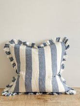 Load image into Gallery viewer, Hallie Ruffled Linen Cushion Cover – Blue Wide Stripe: 45 x 45 cm