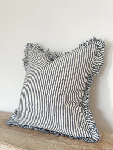 Ruffled Linen Cushion Cover – Navy Stripe: 45 x 45 cm