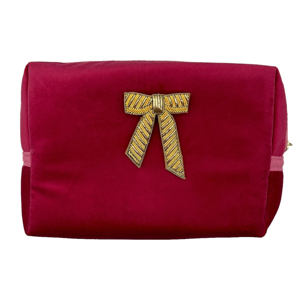 Bright pink make-up bag & bow brooch - recycled velvet : Large