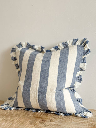 Hallie Ruffled Linen Cushion Cover – Blue Wide Stripe: 45 x 45 cm