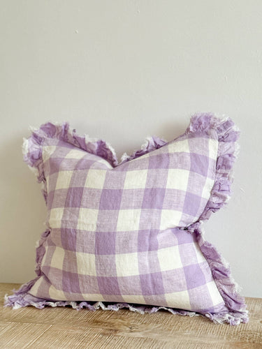 Hallie Ruffled Linen Cushion Cover – Lilac Check : 45 x 45 cm