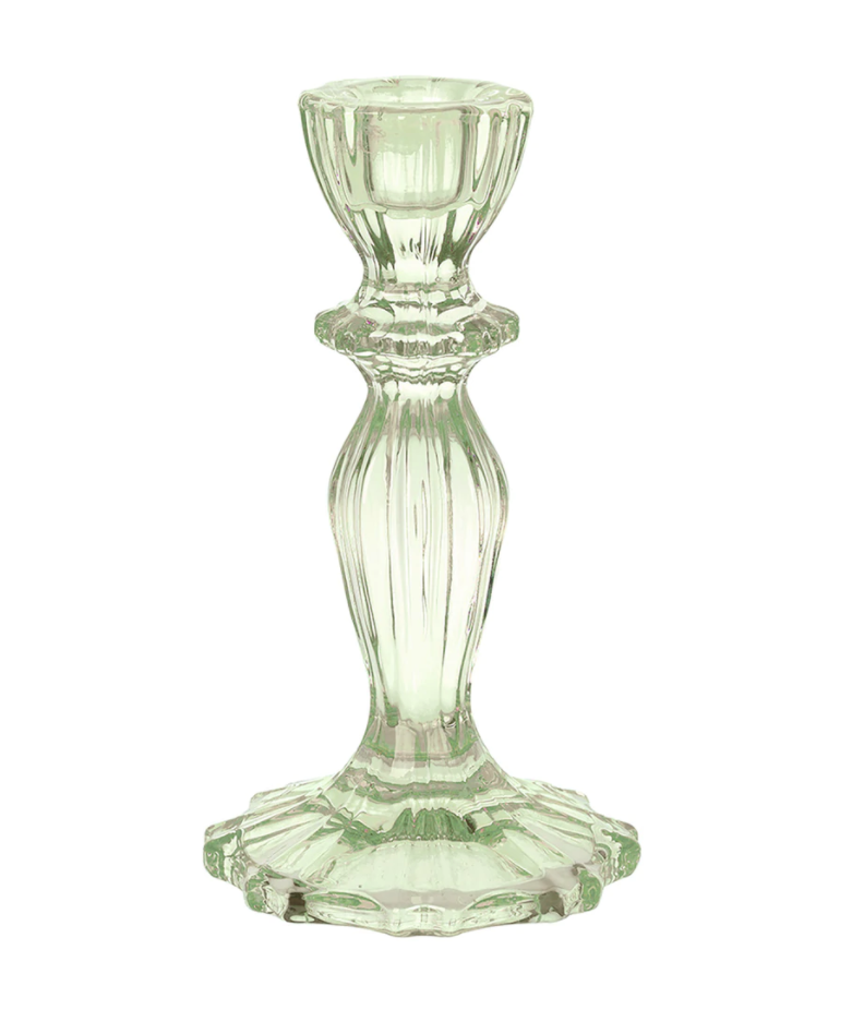 TALL GREEN VINTAGE STYLE GLASS CANDLE HOLDER.