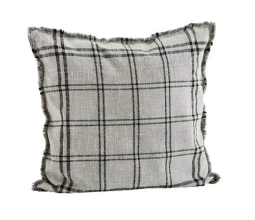 SILVER & CLOUD CHECKED CUSHION COVER WITH FRINGES