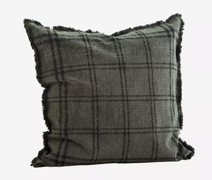 DARK IVY CHECKED CUSHION COVER WITH FRINGES